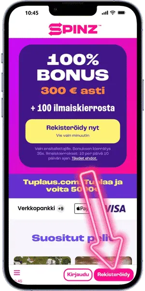 Spinz Casino Avaa rekisteröityminen etusivulta